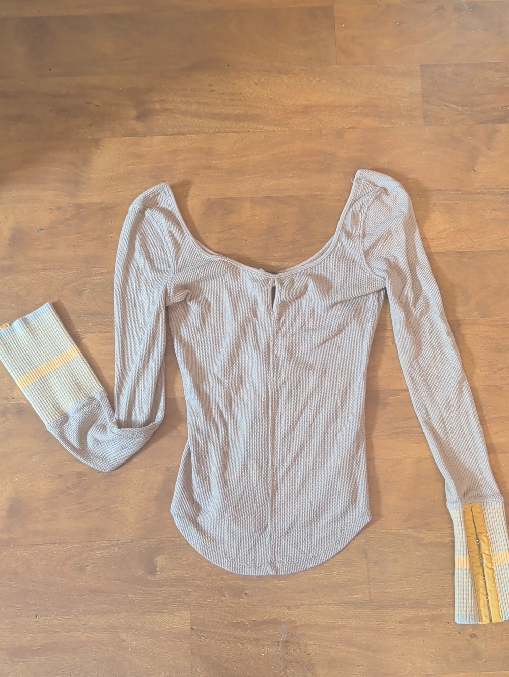 We The Free Beige Scoop-Neck Long Sleeve Top with Mustard Cuff Stripes